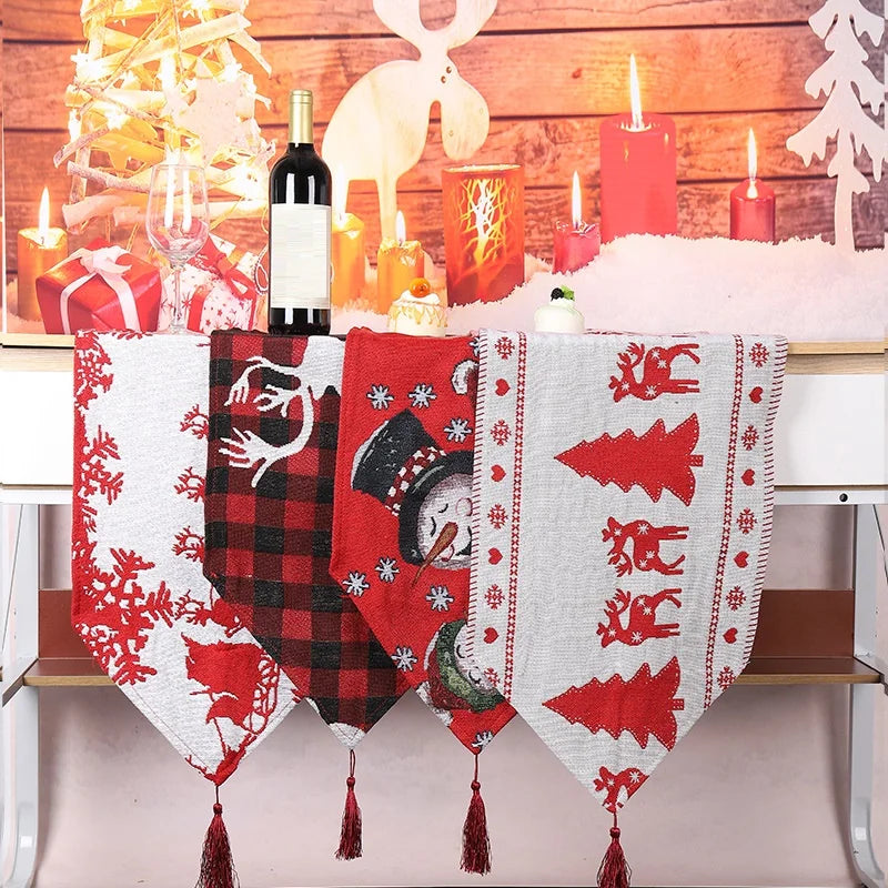 Knitted Fabric Linen 12X70Inch Pattern Santa Christmas Tablecloth Table Runner Cover Xmas New Year Christmas Decoration Ornament