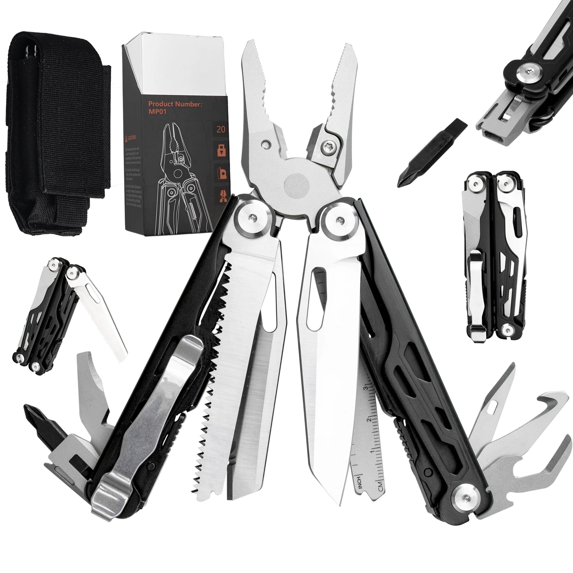 20-in-One Industrial DIY Black Folding CNC Stainless Steel Multitool Pliers Saw Blade Screwdriver Blade Emergency Repair Camping