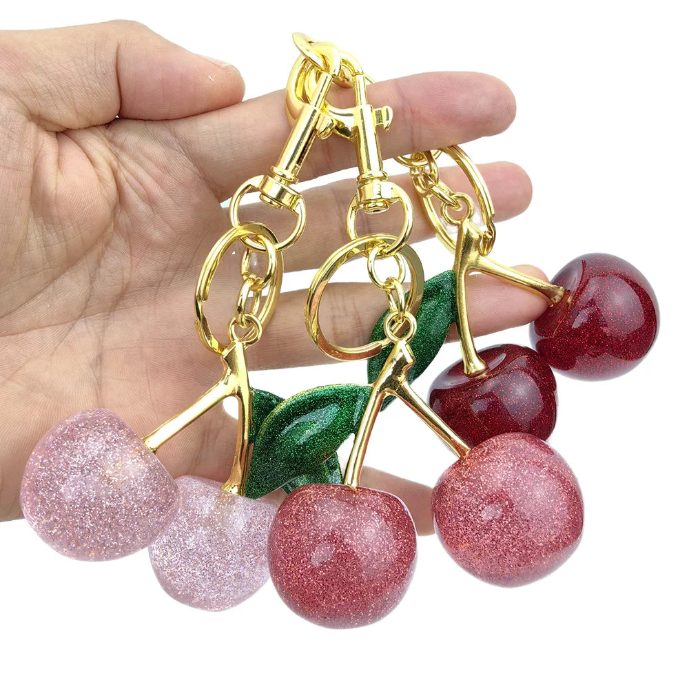 2025 New Fashion Women's Pink Gold Cherry Charm Keychain Cute Girl Bag Decoration Pendant 3D Crystal Bling Portable Letterpress