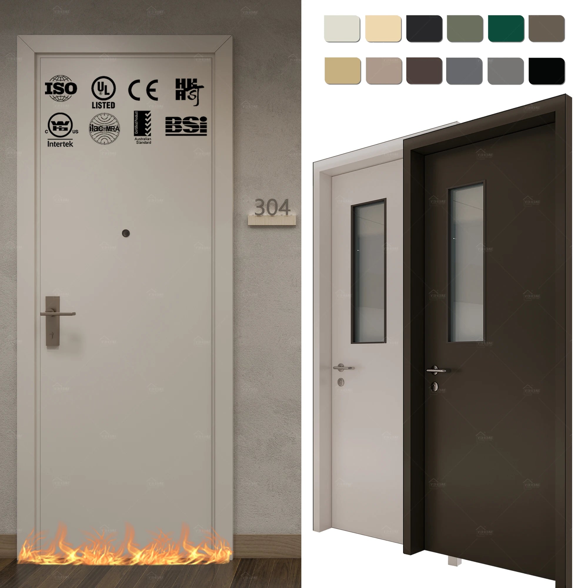 UK Certified Soundproof Hotel Apartment Fire Door Hospital Fireproof Door CE Ei30 Fire Rating Door with Glass Window