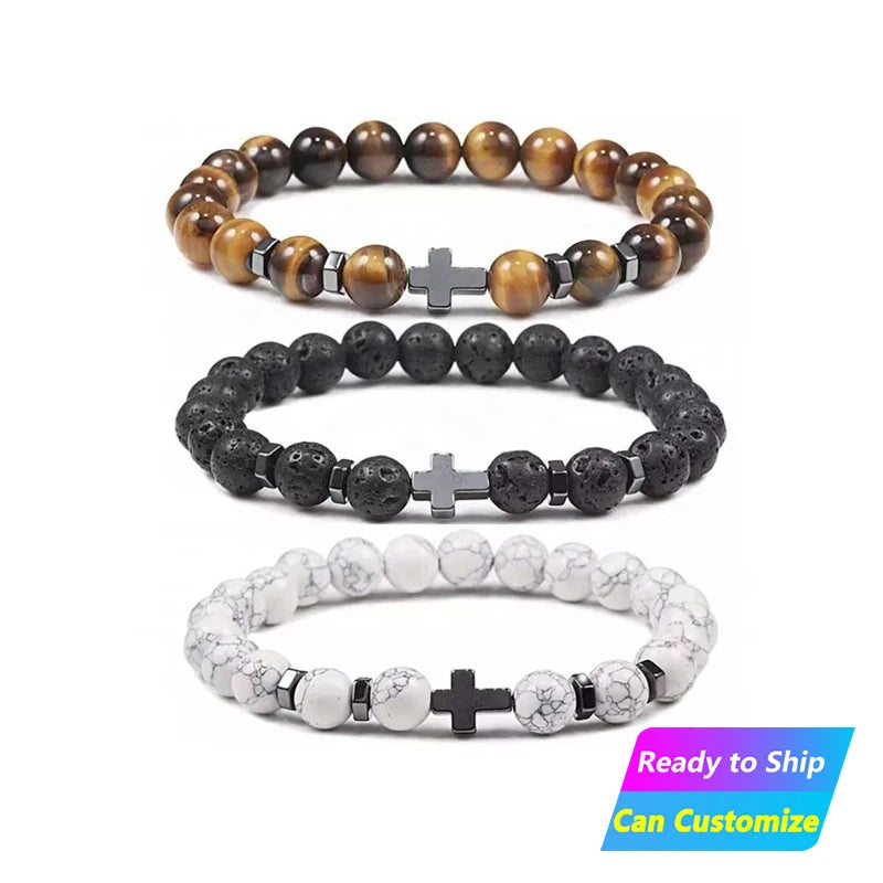 Fashion Crystal Healing Natural Mens tiger Eye lava Stone Gemstone Turquoise Beaded Cross Stretch Bracelet Jewelry Christian