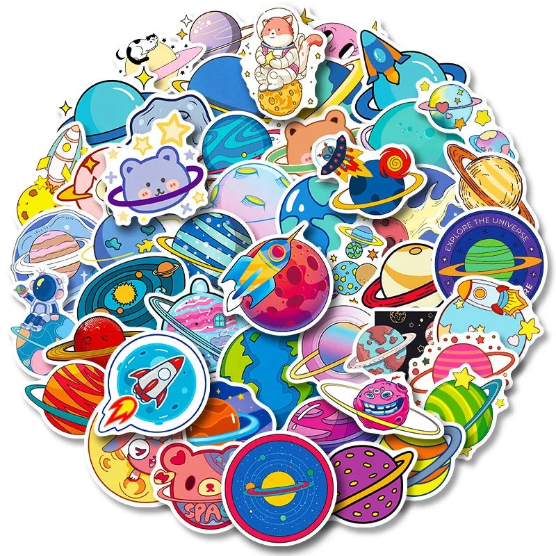 50Pcs Cute Cartoon Planet Moon Outer Space Graffiti Sticker For Skateboard Luggage Laptop Vinyl Diy Decorative Stickers