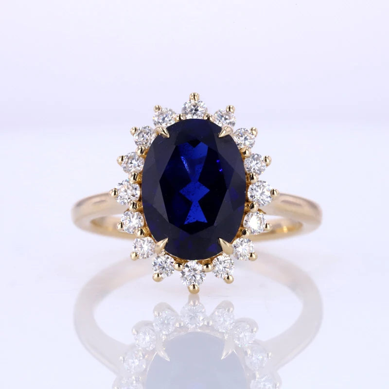 Starsgem Flower Shape With Blue Sapphire Oval Cut Lab Grown Sapphire Solid 14k Gold Gemstone Ring