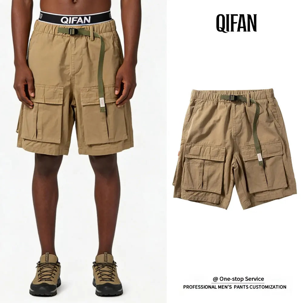Fashion Custom Big Pocket Elastic High Waist Causal Streetwear Loose Washed 100% Cotton Cargo Shorts Pants