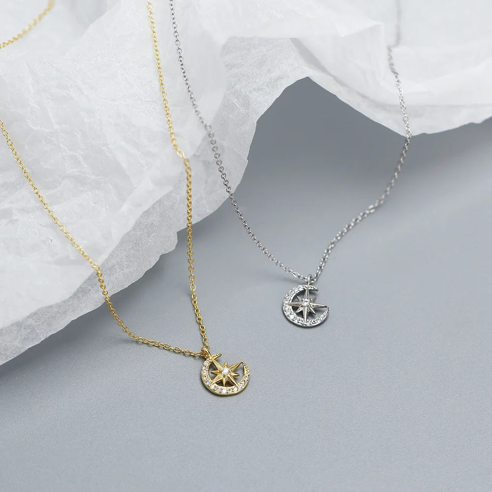 Fashion Jewelry 925 Sterling Silver Star and Moon Pendant Necklace Jewelry 18K Gold Plated Versatile Chain Necklace for Women