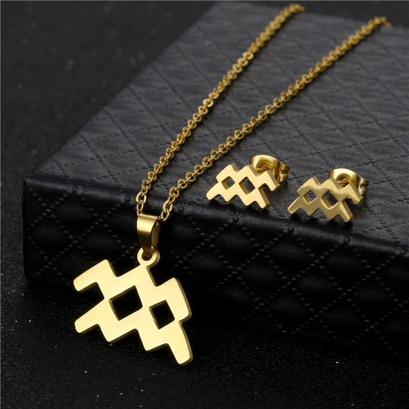 New Fashion Cute 18k Gold Plated Women Zodiac Necklace Earrings Set Stainless Steel Jewelry Set