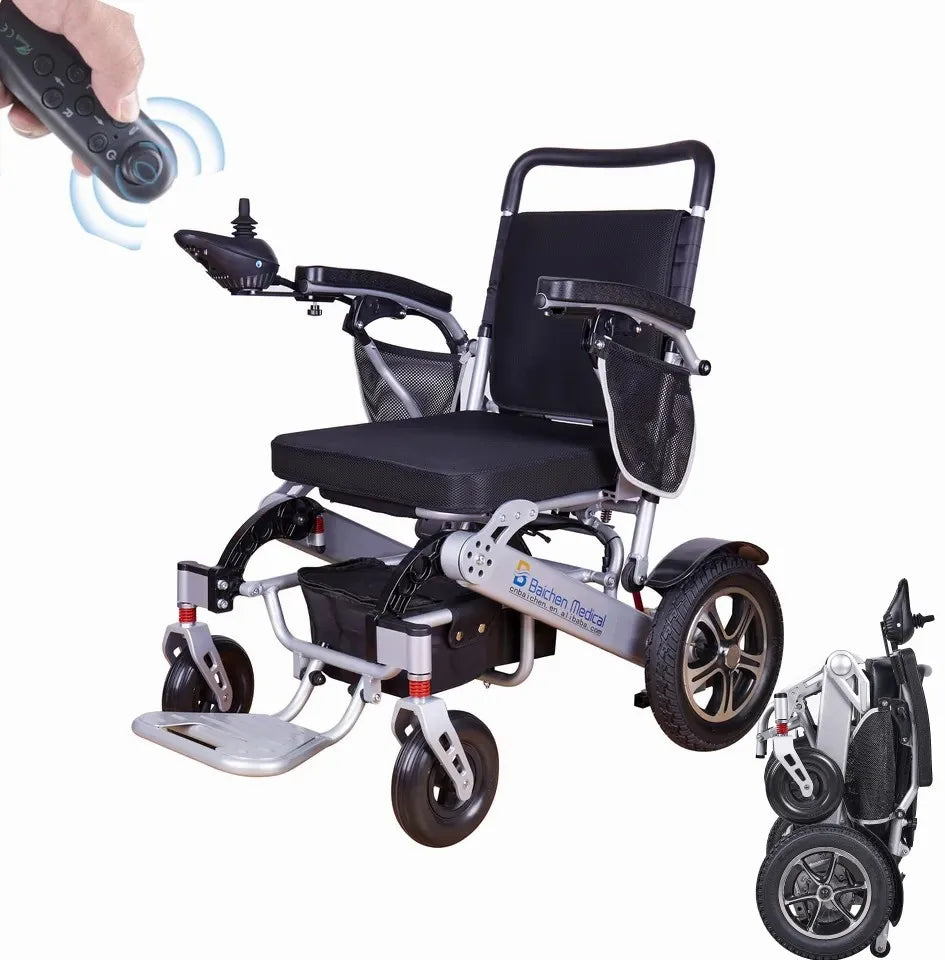 Compact Portable Aluminum Alloy Lightweight All Terrain Transport Travel Mobility Aid Motorized Folding Electric Wheelchair MegaBDM