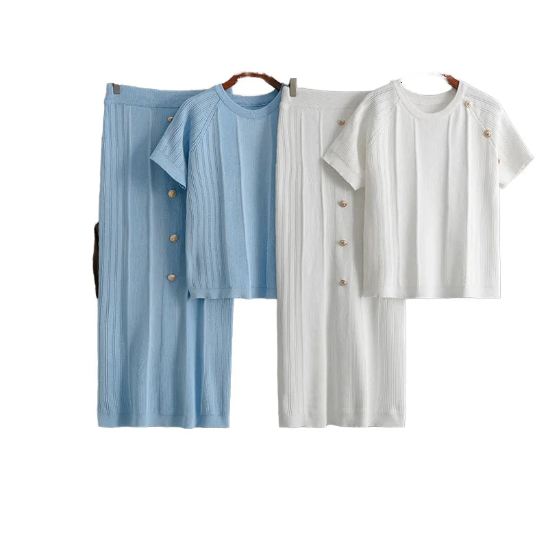 Women's Fashionable Summer 2-Piece Long Set Casual Short-Sleeved Top Breathable Polyester/Cotton Knitted Skirt Elastic Neck