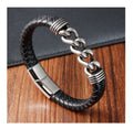 Punk Hip Hop Creative Stainless Steel Chain Magnetic Clasp Woven Genuine Leather Bracelets Custom Logo Bangle for Men Jewelry