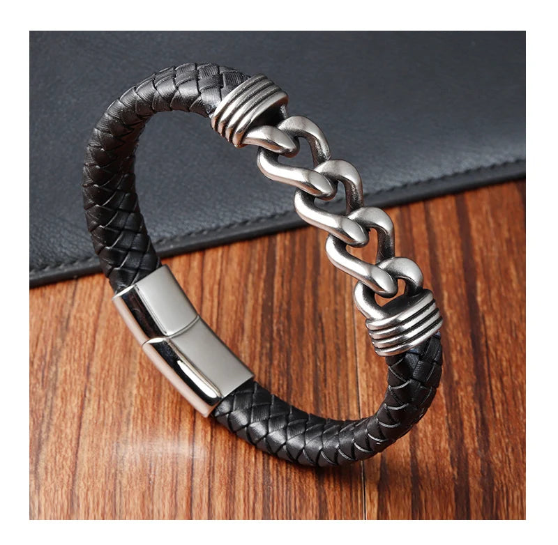 Punk Hip Hop Creative Stainless Steel Chain Magnetic Clasp Woven Genuine Leather Bracelets Custom Logo Bangle for Men Jewelry