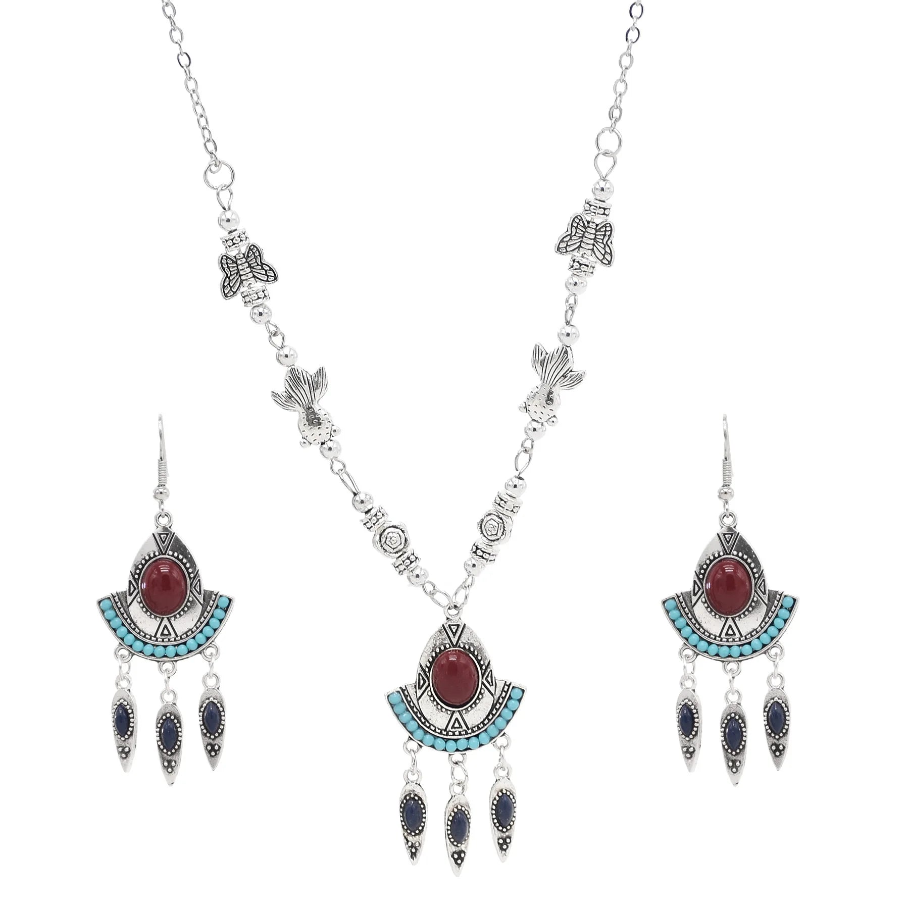 Boho Ethnic Vintage Beads Tassel Earrings and Forehead Necklace Pendant Butterfly Goldfish Chains Set for Women