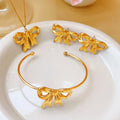 New Trendy Waterproof Jewelry 18K Gold Plated Stainless Steel Chunky Bow Cuff Bangle Bracelet Fine Jewelry Sets for Women