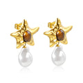 Fashion 18K Gold Stainless Steel Starfish Shape Hammered Texture Cat's Eye Stones With Pearl Drop Stud Earrings for Girls