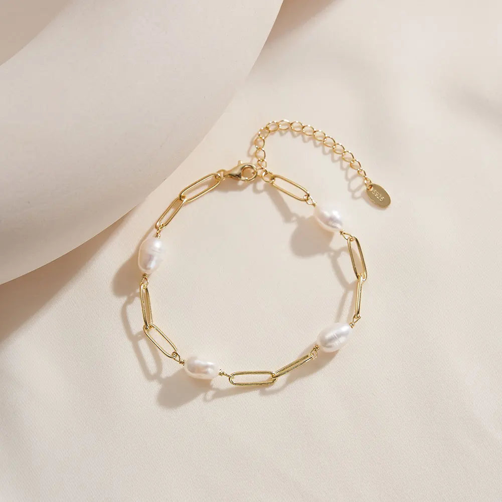 RINNTIN GPB39 14K Gold Vermeil Plated 925 Silver Jewelry Paper Clip Chain Real White Freshwater Pearl Bracelet