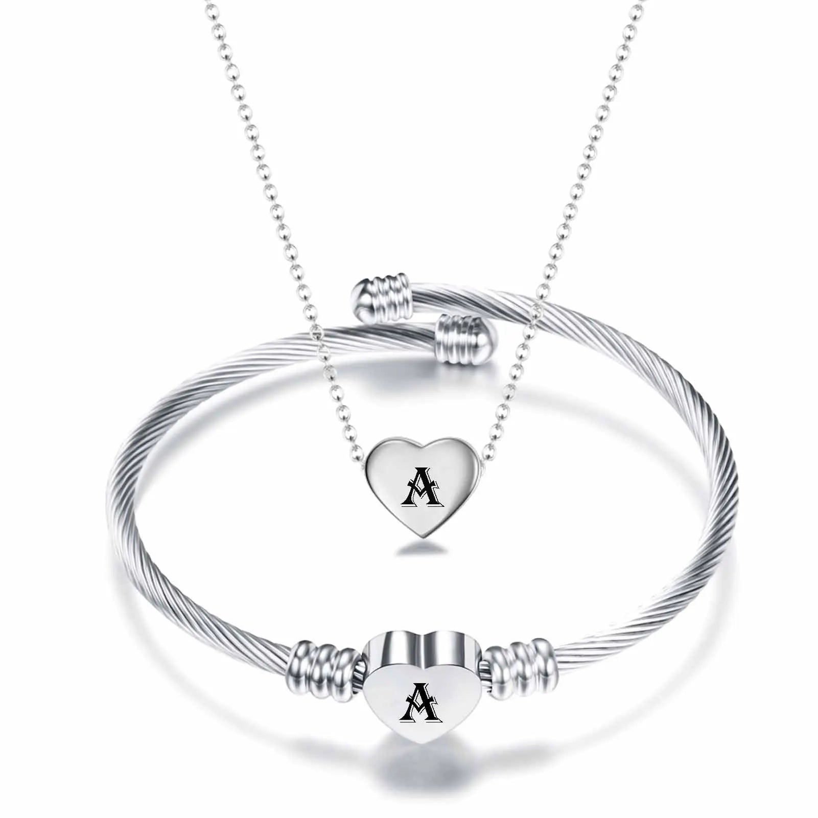 Women's Heart Letter Necklace Bracelet Set Stainless Steel Jewlery Waterproof Factory Wholesale Letter Necklaces/A-Z Jewelry Set