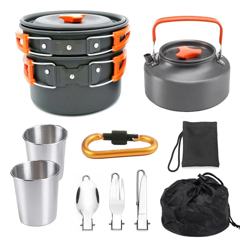 Portable Aluminum 2-3 People Outdoor Tableware Camping Cookware Set Multifunctional Picnic Cooking Set for Outdoor Stove