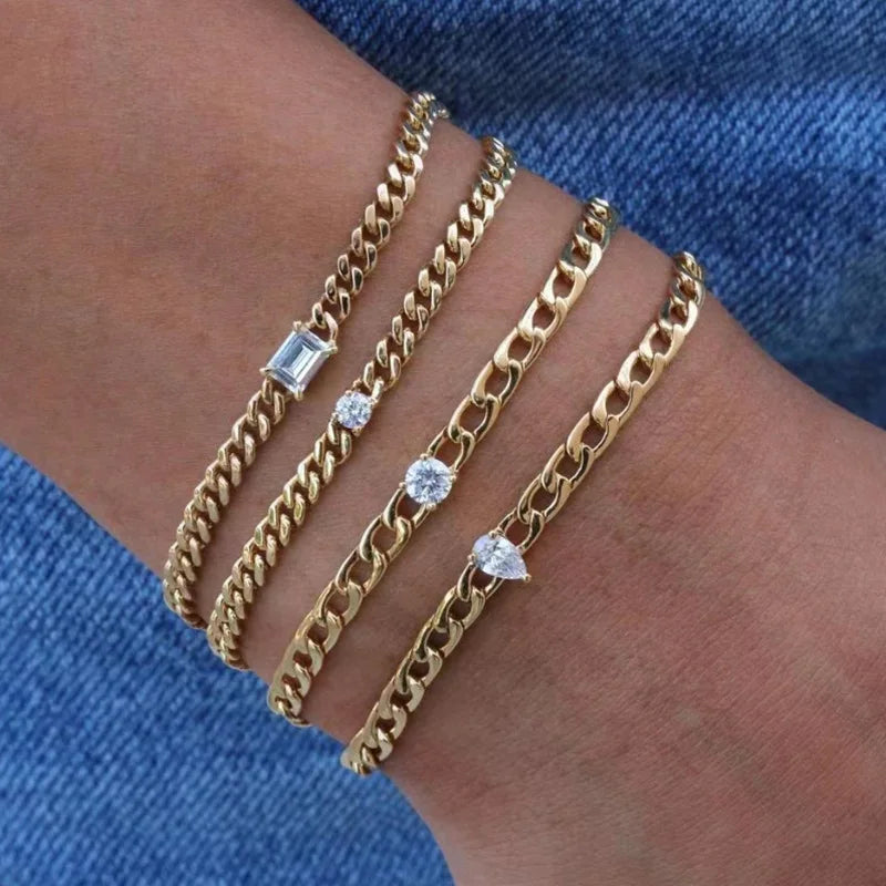 18K PVD Gold Plated Waterproof Stainless Steel Tear Drop Round Zirconia Link Chain Bracelet for Women Wholesale Jewelry
