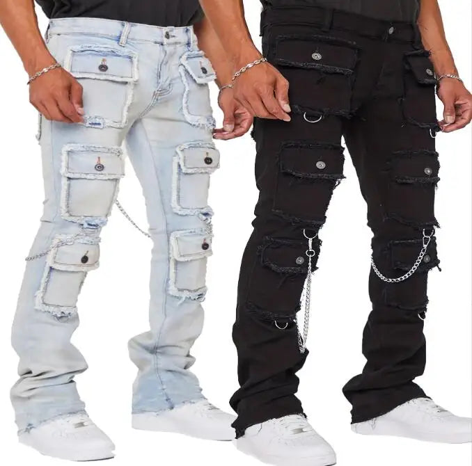 Hip Hop Elasticity Men's Jeans Slim Trousers Men's Black Blue Denim Ripped Destroyed Jeans