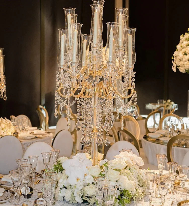 Hanging Beaded Crystals Big Floor Standing K9 Crystal 9 Arms Golden Candelabra for Event Decor