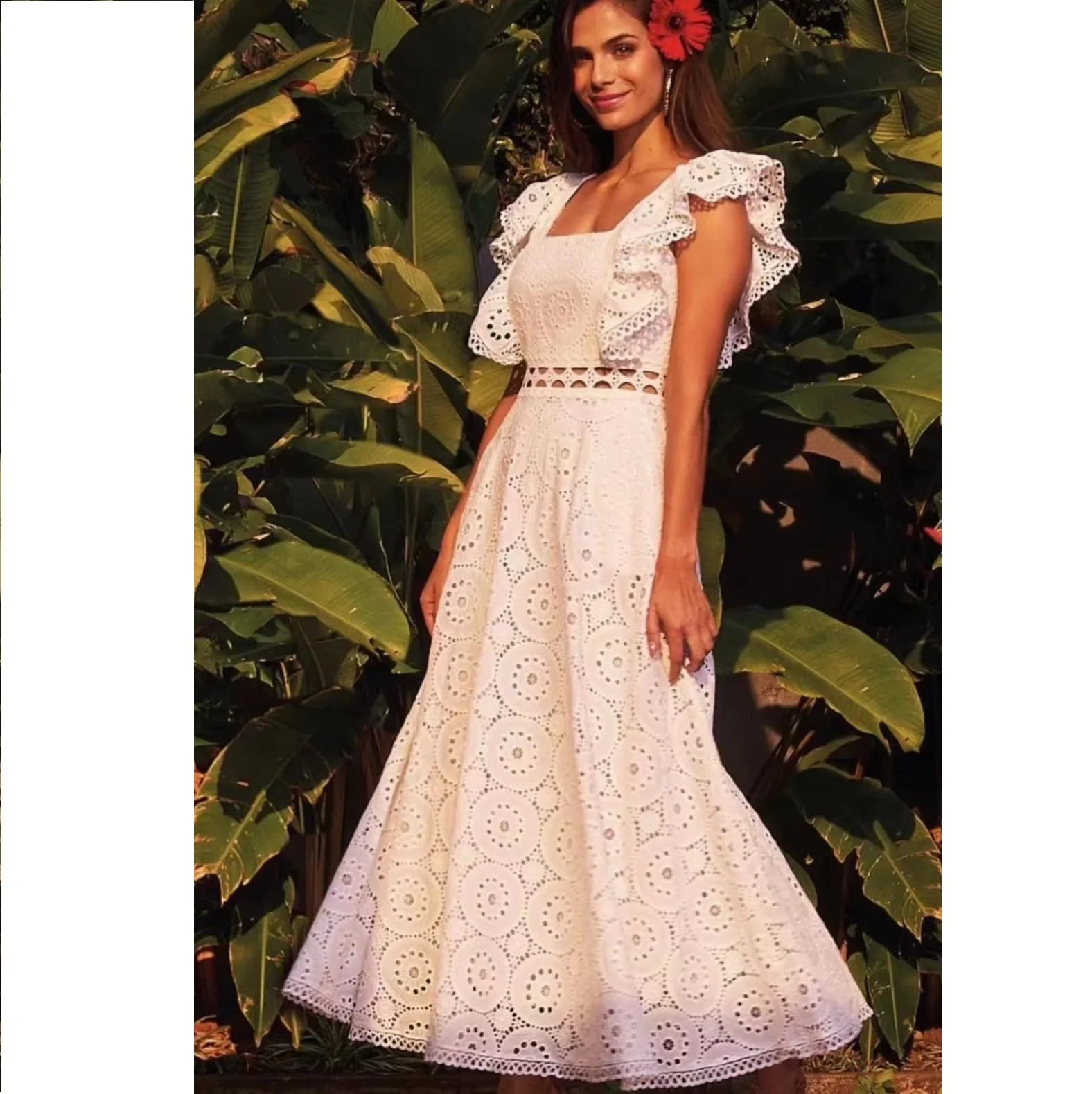 2024 Summer New Style Ruffled Vest Dresses Hollow Lace Mid-length Dress Women's Holiday Style