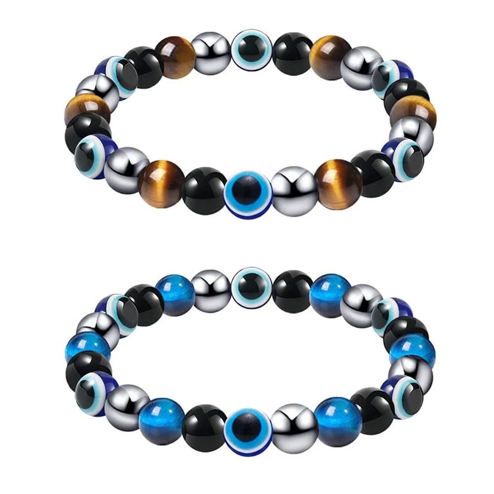8mm Tiger Eye Obsidian Hematite Evil Eye Bracelet Triple Protection Bracelet for Men Women