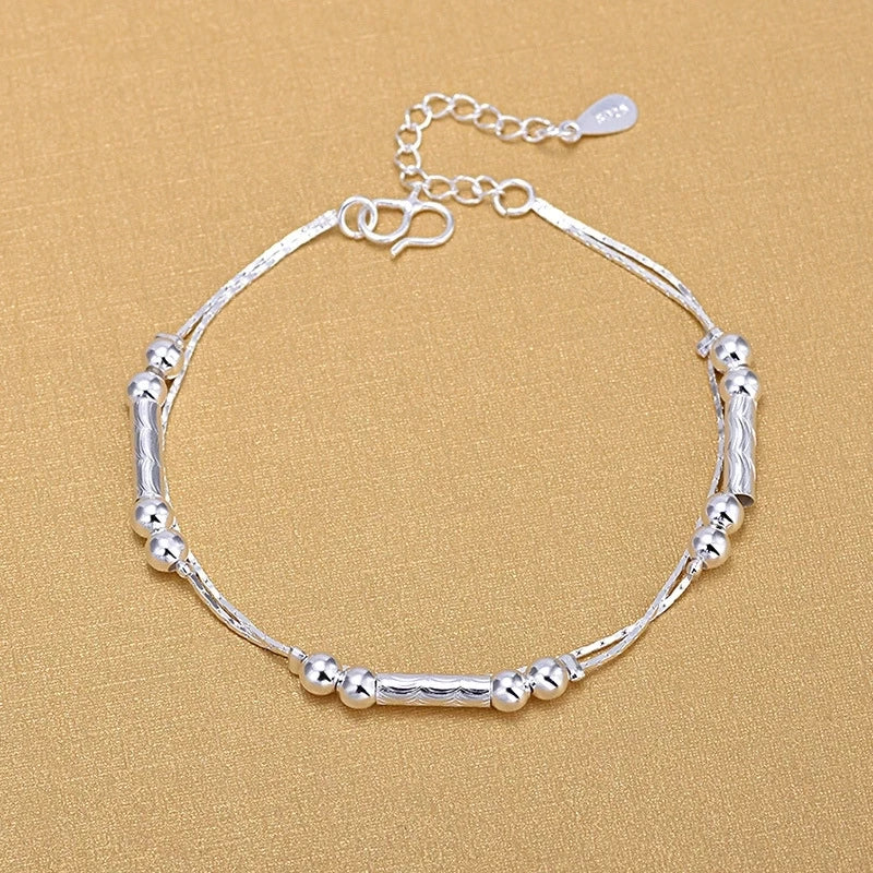 Wholesale Women Silver Color Round Tube Beads  Link Chain Women Silver Bracelets