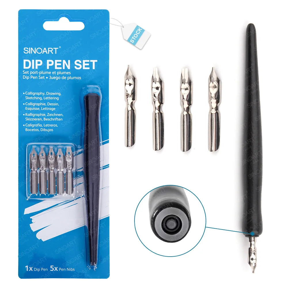 SINOART Oblique Calligraphy Pen Set in Stock Comic Dip Pen Set With 5 Replaceable Nibs