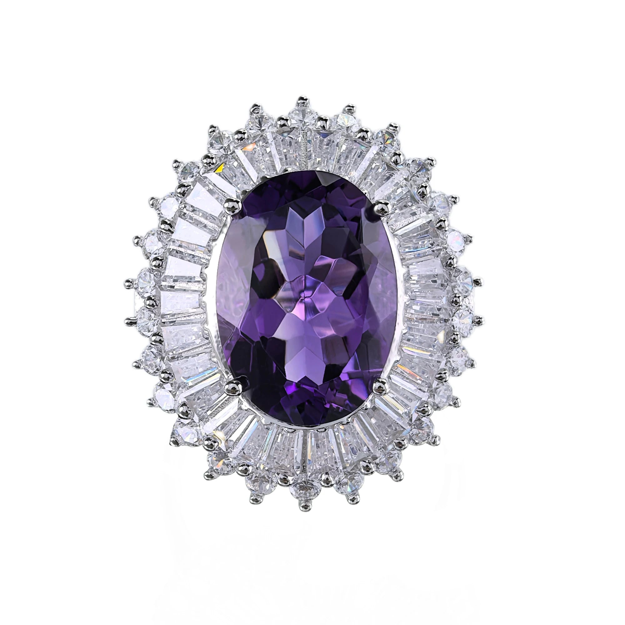 Elegant 925 Sterling Silver Ring for Women Rhodium Plated Natural Amethyst Gemstone Oval Cut Diamond for Weddings Fine Jewelry