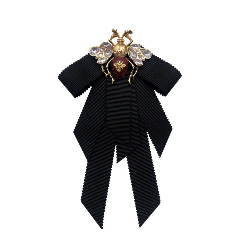 Jachon Korean Retro Fabric Ribbon Black Bow Bee Brooch Rhinestone  Bowknot Neck Bow Tie for Girls