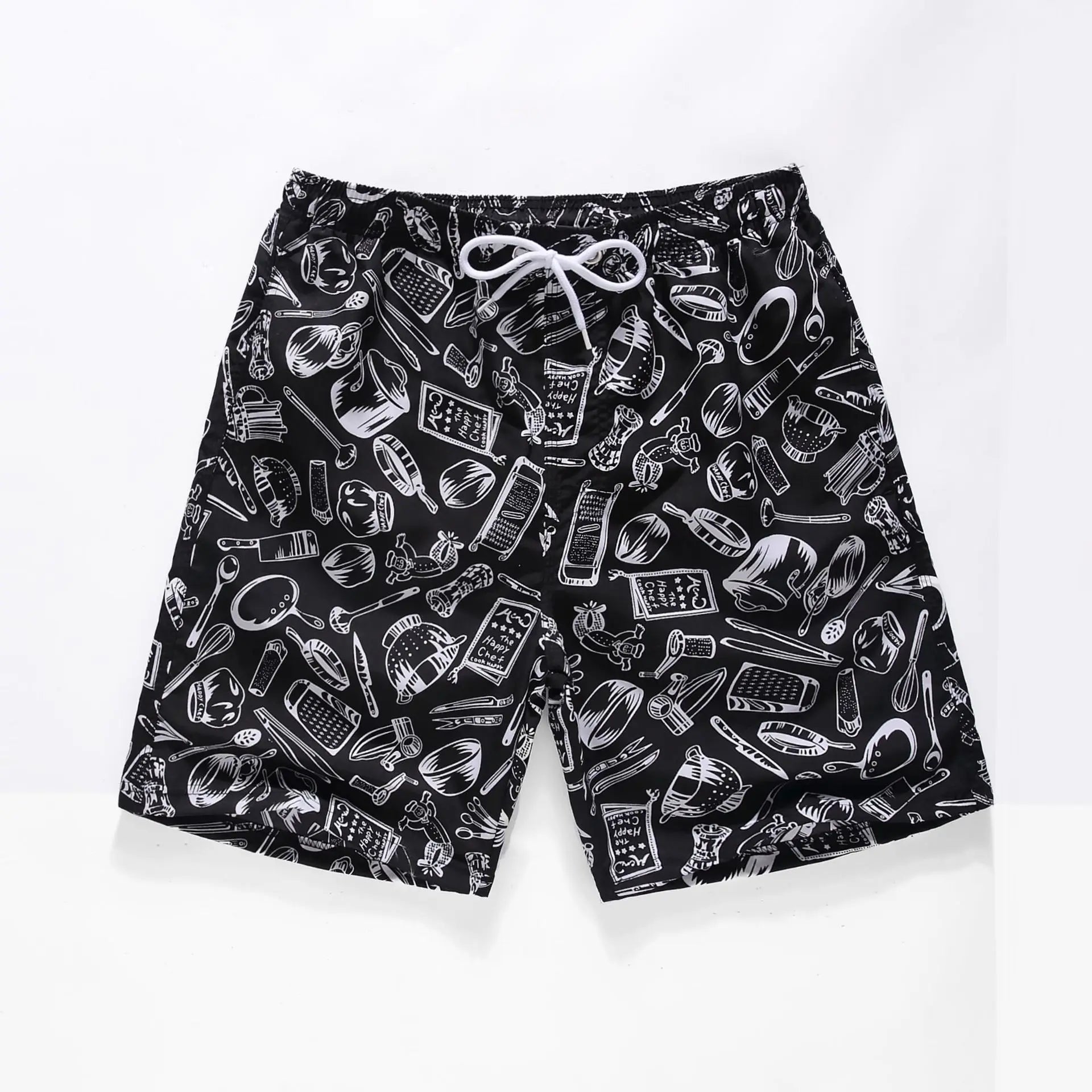 2024 Summer Men's Mid Waist Casual Shorts Quick Dry Waterproof Hawaiian Beach Print Embroidered Drawstring Outdoor
