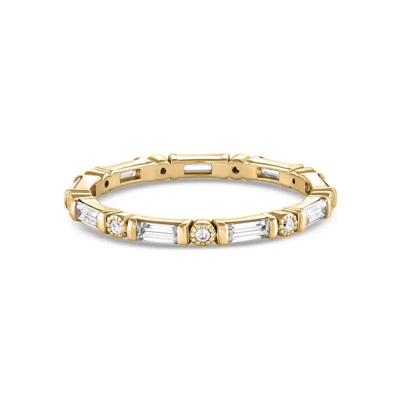 Factory Wholesale New Arrived 18K Gold Plated Round and Baguette Cubic Zirconia Eternity Band Ring Brass Jewelry