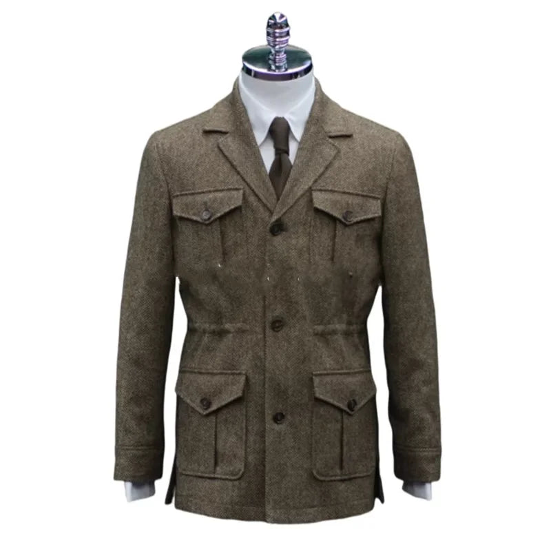 Winter Tweed Herringbone Men Suits/Classic Safari Jacket With Four Envelope Pocket/Unique Design Casual Male Clothing Coat+Tie