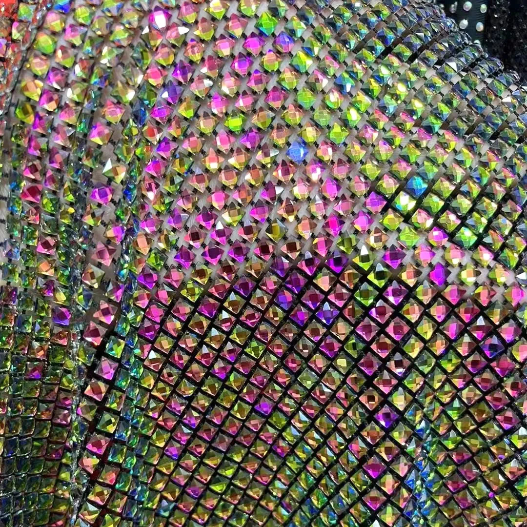 Haute Couture Colorful Crystal Rhinestone Square Diamonds Rhinestone Beaded Mesh Fabric