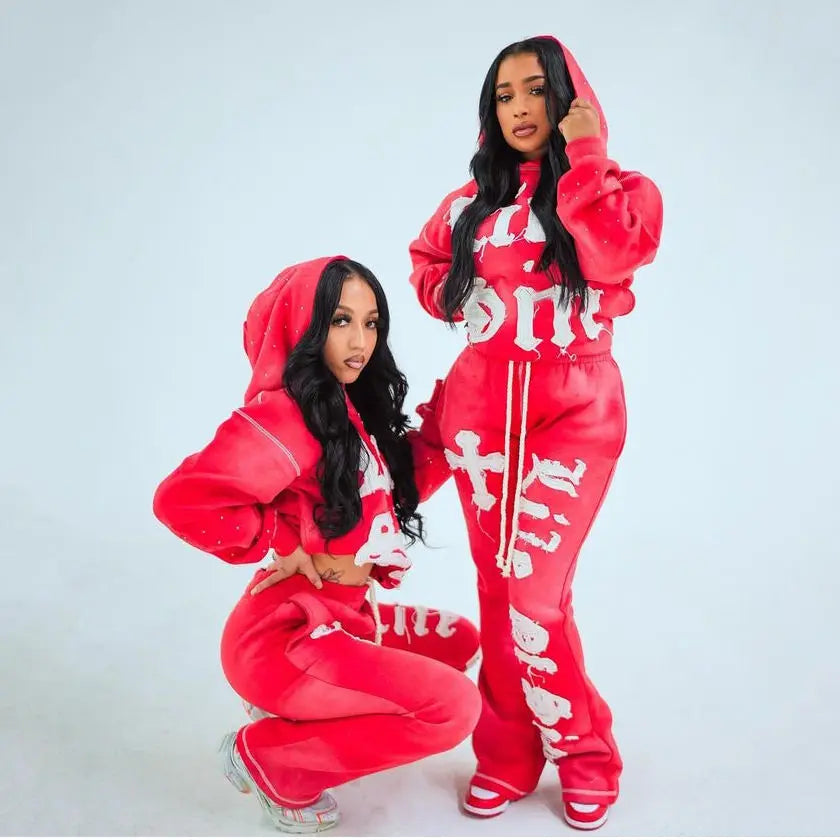 OEM Distress Embroidery Tracksuit Streetwear Jogger Sun Fad Zipper Hoodie & Sweatpants Crop Distress Patch Track Suit