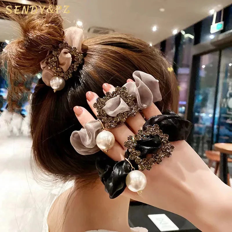 Korean Version Pearl Organza Hair Scrunchies French Style Rhinestone Vintage Elegant Hair Ties Elastic Hairband for Girls