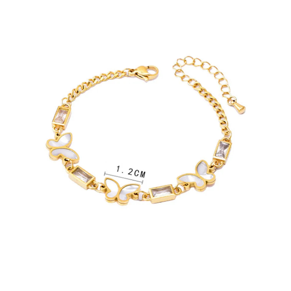 Women Fashion Trendy Stainless Steel butterfly Charm Zircon Bead Chain Bracelet Jewelry