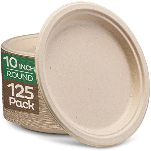 Eco-Friendly 125-Pack 10 Inch Paper Plates Heavy Duty Natural Disposable Sugarcane Bagasse Plates 100% Compostable Color Enamel