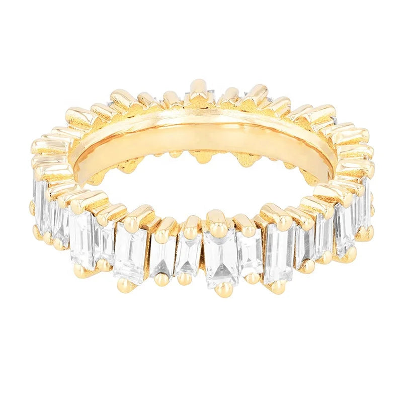 Gemnel Fashion 925 Sterling Silver Gold Vermeil Fireworks Emerald baguette Eternity Band Rings