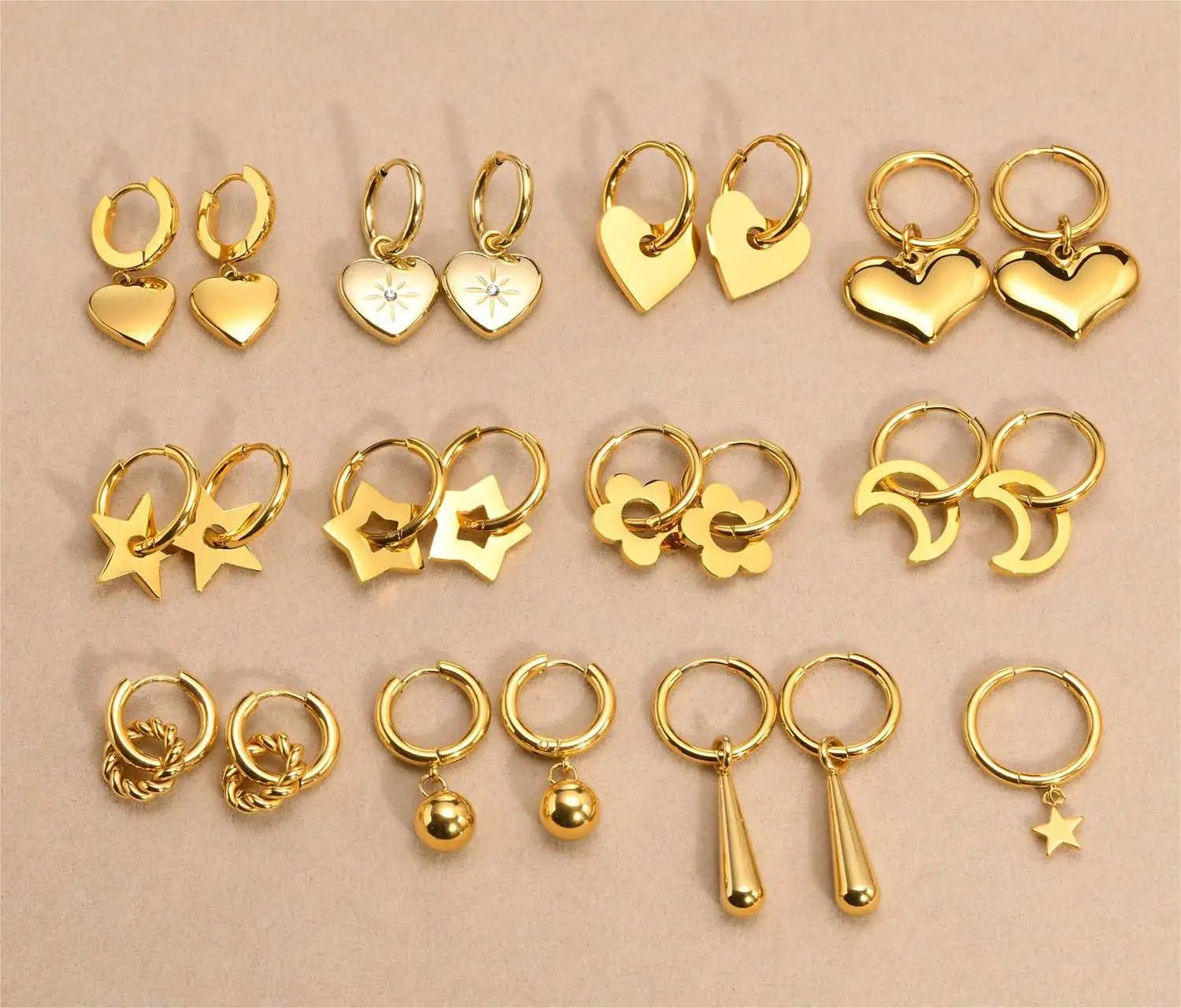 New Arrival 11 Styles Anti Tarnish 316l Stainless Steel 18k Gold Plated Heart Star Drop Earrings for Women Lady