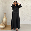 Modern Elegant Modest Traditional Muslim Women Black Pinstripe Long Coat Dubai Style Stylish Daily Party Wear