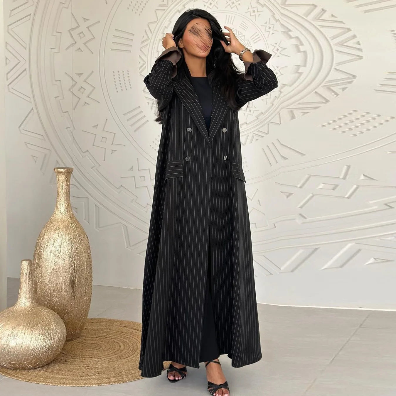 Modern Elegant Modest Traditional Muslim Women Black Pinstripe Long Coat Dubai Style Stylish Daily Party Wear