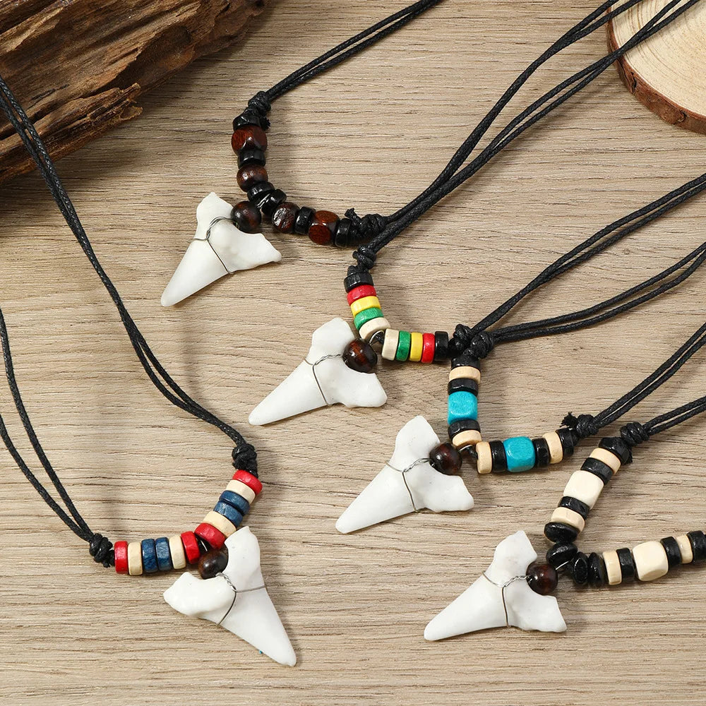 Men's Bone Carved Wooden Beads Rope Travel Souvenir Jewelry Personalized Wooden Beads Shark Teeth Necklace Accessories