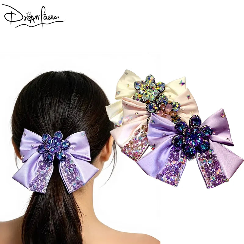 DREAM FASHION Crystal Satin Rhinestone Girls Women Hair Accessories Custom Flower Bow Barrette Rhinestone Elegant Hair Clips