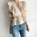 Summer Ruffles Women Blouse Chiffon Chic Korean Office Lady Vintage Shirt Loose Solid Short Blusas Plus Size