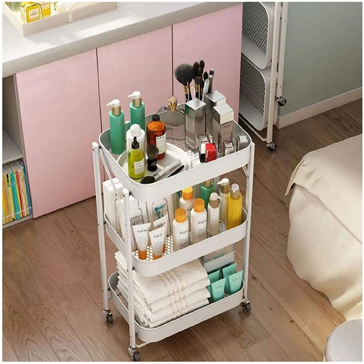 Lowest Price in 90 Days Rolling Cart Foldable Kitchen 3-layer Slim Food Storage Trolley Cart
