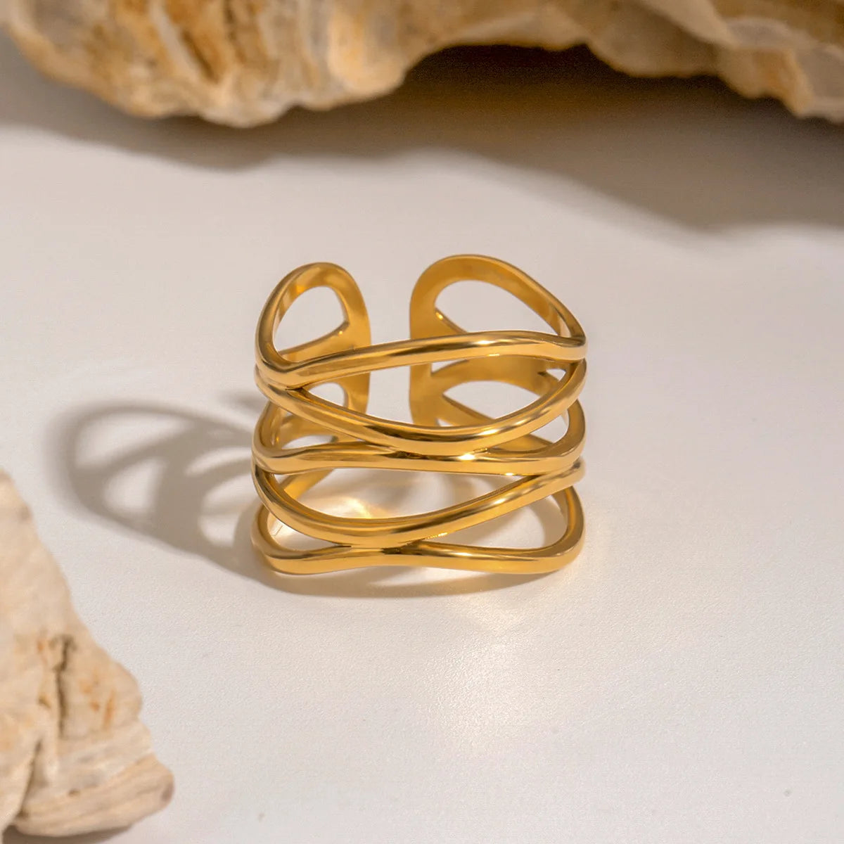 New Minimalist Fashion Women Jewelry Stainless Steel 18K Gold Ring Multi-Layered Hollow Open Rings