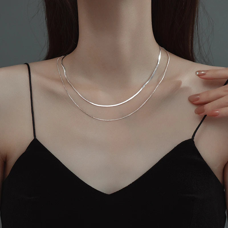 925 Sterling Silver Flat Serpent Bone Blade Double Necklace for Collarbone Chain