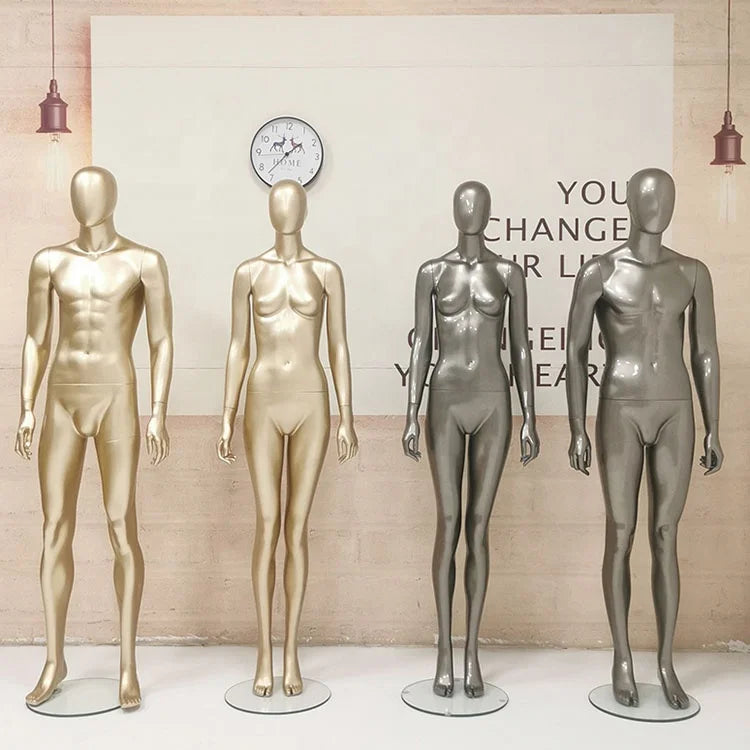 XINJI New Couples Champagne Gold Male Mannequins Gun Gray Full Body Manikin Fashion Window Display Fiberglass Mannequin Female