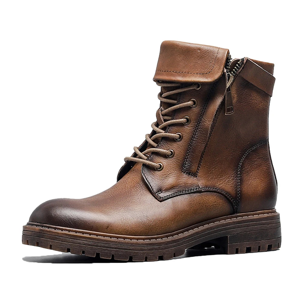 Handmade Vintage Men's Ankle Boots Wear-Resistant Leather with Round Toe Rubber Insole Lace-Up Closure Anti-Slippery Feature