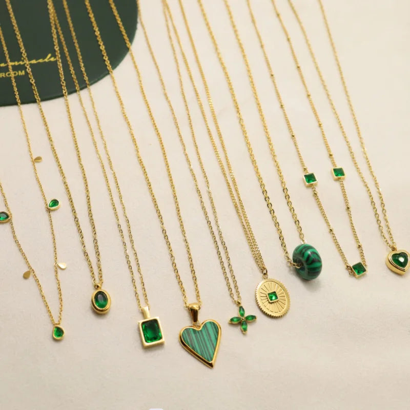 Emerald Fashion Titanium Steel Necklace Women Fashion Stainless Steel Green Zirconia Lock Bone Chain Necklace Jewelry